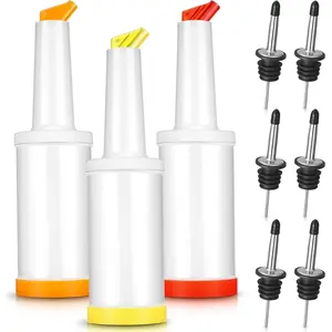34 oz Plastic Fruit Juice Pour Bottles Liquor Bar Supplies with Stainless Steel Bottle Pourer Tapered Spout for Cocktail Bartending Bright Colors 3 Pack