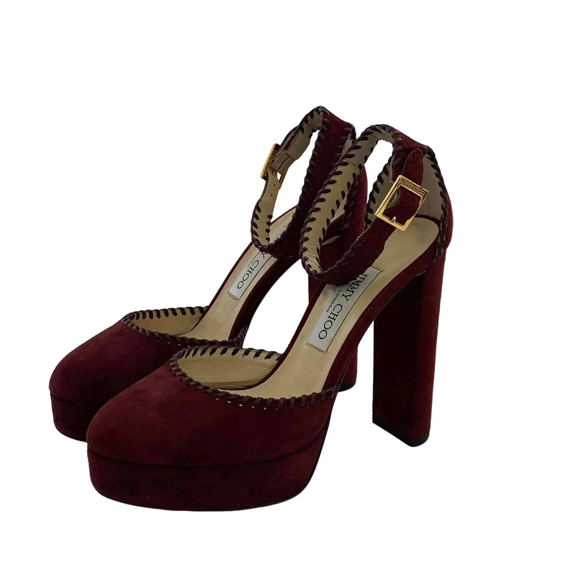 RDLT-Jimmy Choo Size 37 Burgundy One-Strap Block Heels with Buckle-H37551