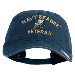 US Navy Seabee Veteran Military Embroidered Washed Solid Pigment Dyed Cotton Twill Brass Buckle Cap