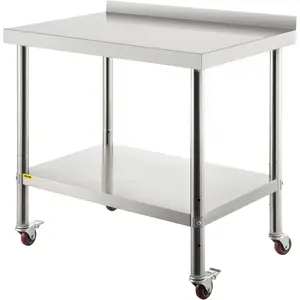 【fathersdaygift】VEVOR Stainless Steel Prep Table Furniture, 36x24x35 Inch Heavy-Duty Metal Worktable with Backsplash, Adjustable Undershelf, 4 Casters, 440lbs Load Capacity, Commercial Workstation for Kitchen, Restaurant, Desk, Height-Adjustable Dining Ta