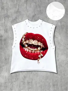 Men's Casual Fitted Sleeveless Vest, Luxury Trendy Graphic Lip Rhinestone Chain Detail, Comfortable Fabric, Easy Care, Streetwear for Music Festivals, Sleeveless Tank Top