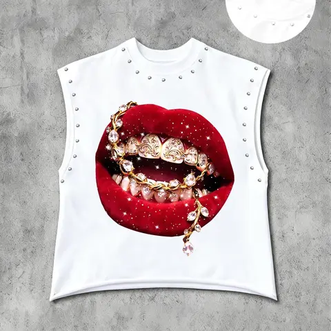 Men's Casual Fitted Vest, Sleeveless Clothes, Background Velvet Graphic Lip Print, Gold Carving Teeth, Diamond Chain, Comfortable Fabric, Streetwear Style