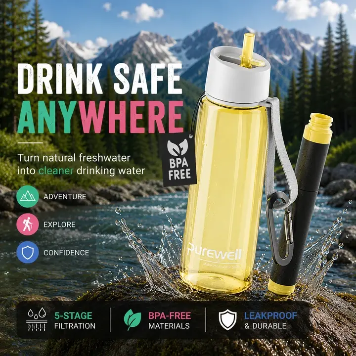Purewell Water Filter Bottle, 22oz Filtered Water Bottle with 5-Stage Filtration, BPA-Free Water Purifier for Camping, Hiking, Backpacking, Survival, Emergency Preparedness, Outdoor Adventure, Travel, Trekking, Fishing, Hunting, Backpacking Gear