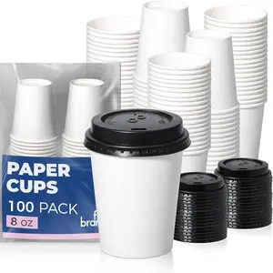 100 Pack 8 oz Disposable Coffee Cups with Lids-Leak Proof for Travel, Office, Hot/Cold Beverages (Black Lids)