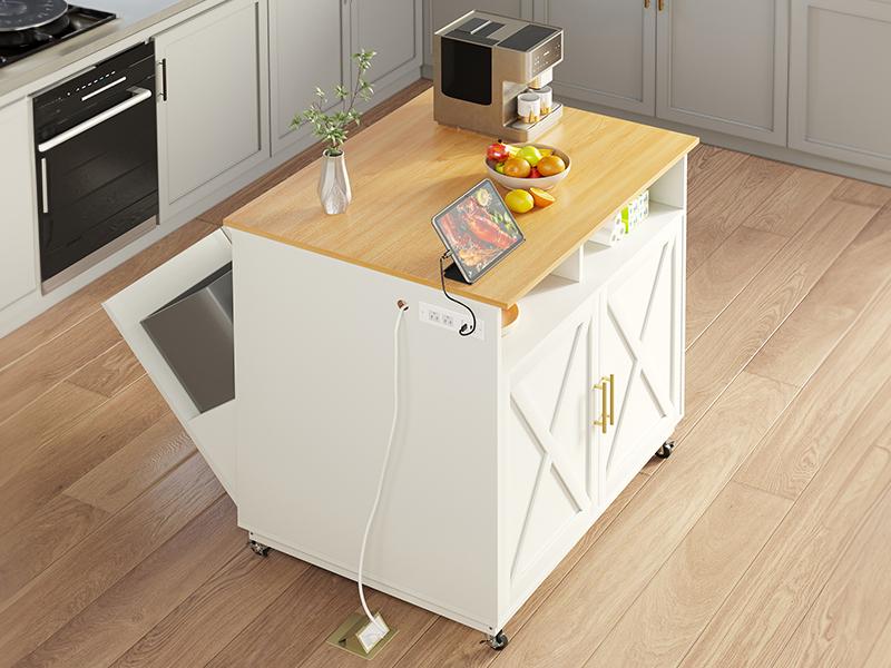 DWVO Square Kitchen Island with Double Tilt Out Trash Can Storage Cabinet, Rolling Portable Islands Table w Power Outlet Wheel Drawer Hidden 10 Gallon Garbage Bin Storage, White Oak