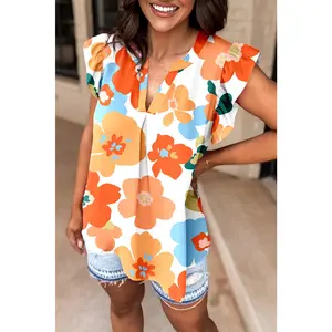 Orange Floral Notched V Neck Ruffled Sleeve Blouse