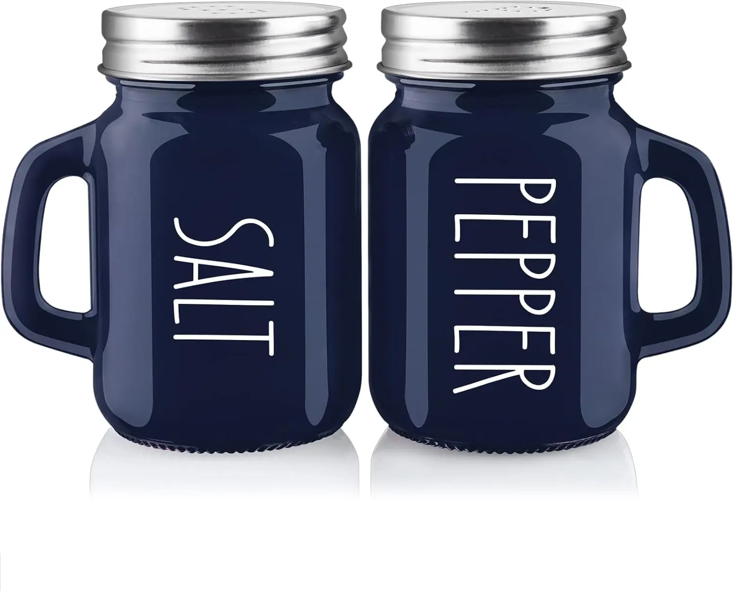 Navy Blue 4 oz Lead-Free Glass Seasoning Container Set - Salt and Pepper Shakers with Smooth Body, Rustic Stainless Steel Lids, Precision Holes, Handles, Shaped Design for Home Use (Great Christmas/Mother's Day Gift for Kitchen Utensils Enthusiasts)