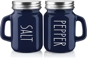 Navy Blue Salt and Pepper Shakers Set, 4 oz Cute Modern Glass Shaker Sets with Stainless Steel Lids, Blue Kitchen Decor and Accessories for Home Restaurants Weddings