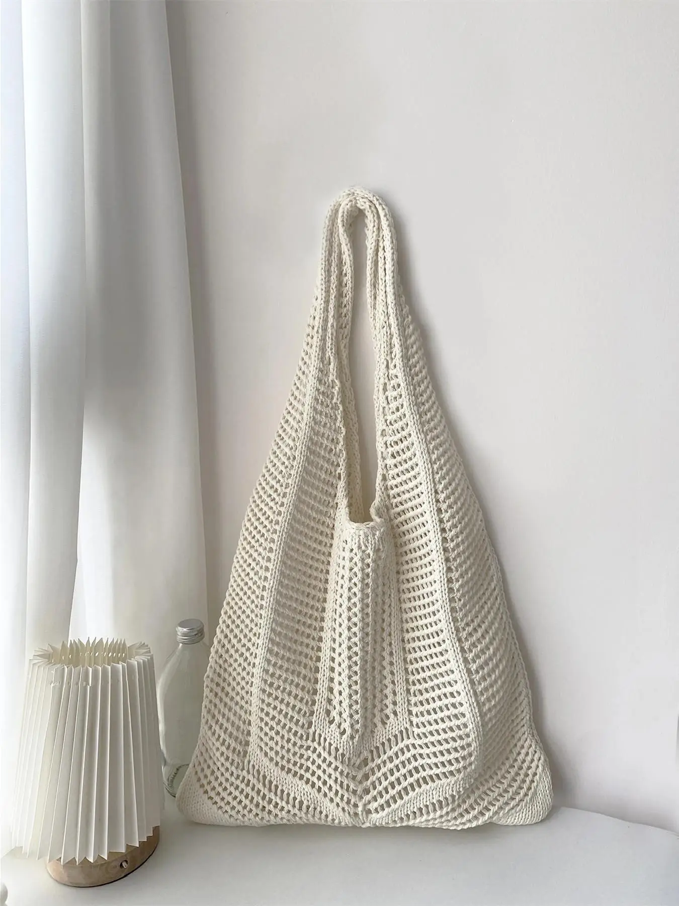 Women's Hollow Out Crochet Shoulder Bag, Simple Style Plain Color Knit Casual Tote Bag, Large Capacity Beach Bag, Girl Fashionable Shopping Bag