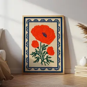 Orange Poppy Folk Art Print: Vintage Scandinavian Botanical | Framless Poster D