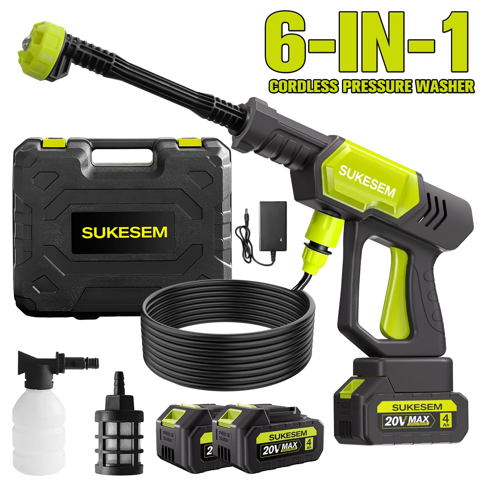 SUKESEM 20V Max Compact Power Washer, Handheld Electric High-Pressure Cleaner with 6-Level Adjustment, 4.0Ah Battery & Charger, High Pressure Spray Car Wash Jet for Car, Yard Cleaning