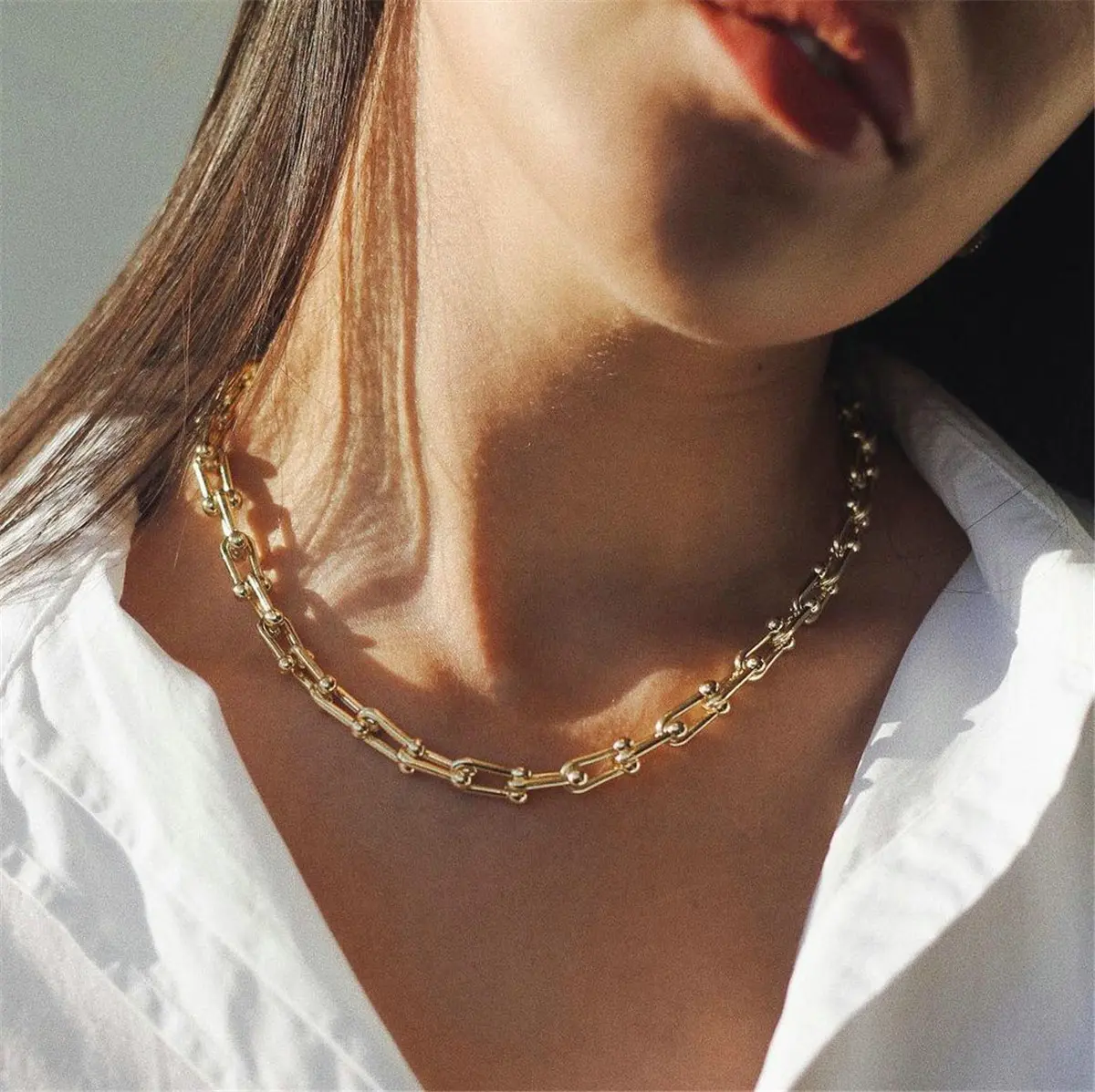 18K Gold Plated U Link Chain Necklace Choker Adjustable 16-18" for Women Jewelry gifts