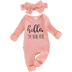 Z-CPB37  Im New Here Newborn Outfit Girl Long Sleeve Letter Romper Ribbed Knit Jumpsuit Baby Girl Preemie Coming Home Outfit