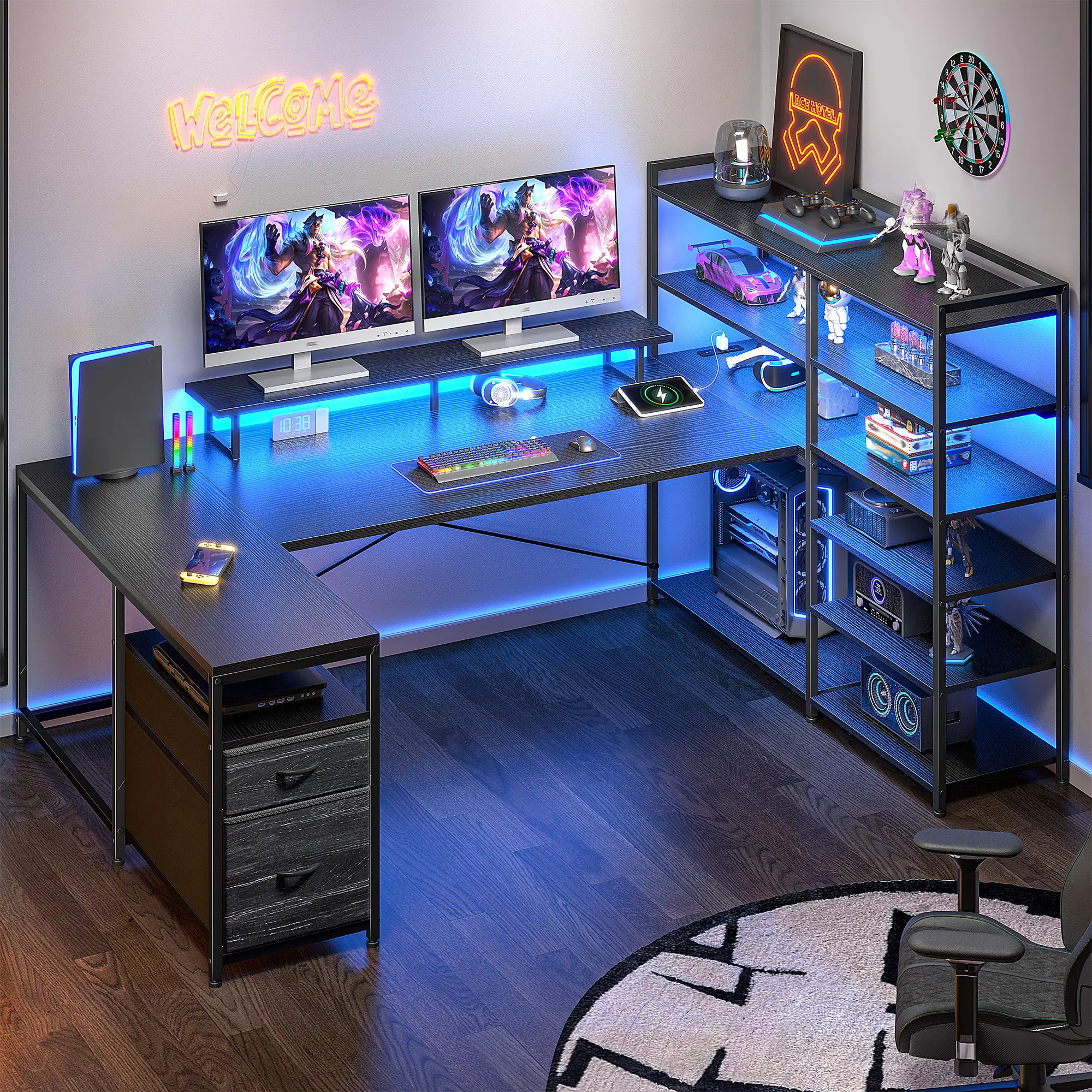 【Cable Organizer】Raybee U-Shaped 63‘’W Executive Desk, Gaming Desk with LED Light & Power Outlets,Sturdy & Easy Assemble Computer Desk with 10 Storage zone,Gaming Setup for Home Office Use,Study desk for teenagers, Computer Table with Shelf,Black