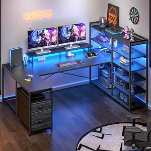 【Cable Organizer】Raybee U-Shaped 63‘’W Executive Desk, Gaming Desk with LED Light & Power Outlets,Sturdy & Easy Assemble Computer Desk with 10 Storage zone,Gaming Setup for Home Office Use,Study desk for teenagers, Computer Table with Shelf,Black