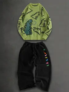 Fashion Casual Cute Dinosaur Sweater Top and Graphic Print Sweatpants Set, Unisex Long Sleeve Fitted Tee, Spring & Fall