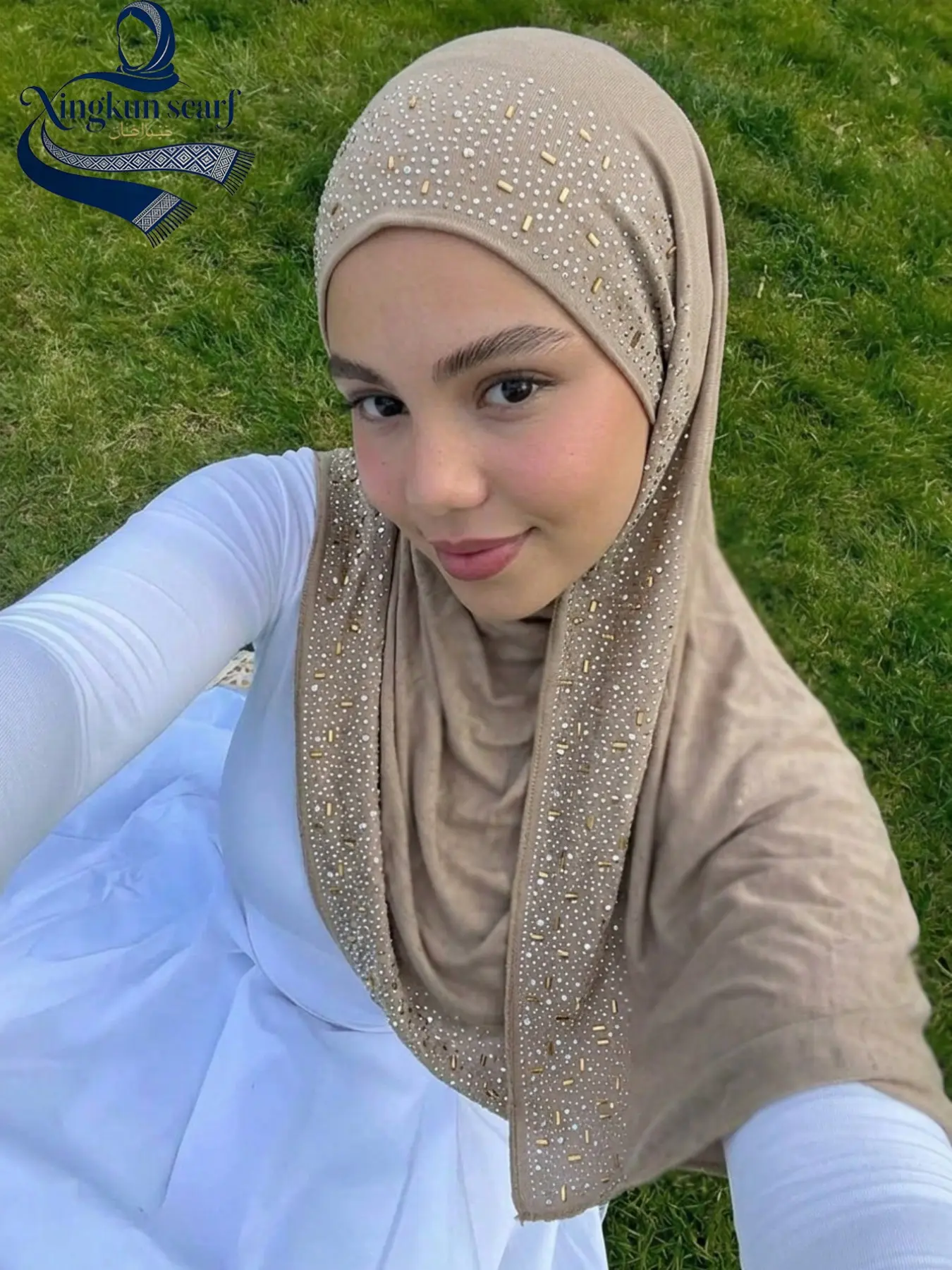 Women's Elegant Rhinestone Handmade Water Drill Headscarf Scarf, Soft Breathable Knitted Jersey Modest Chiffon Hijab Shawl Cap, All-Season Fashion Accessory