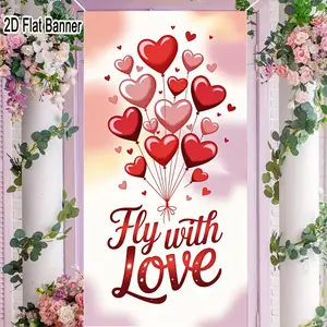 2D flat banner, 1pcFly with Love Heart Balloons Backdrop, Pastel Pink Purple Gradient Romantic Party Decor, Cute Red Heart Shapes Banner for Valentine's Day Events