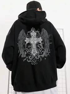 Tiktok Trendy Cross & Wings Hoodie Sweatshirt, Soft Comfortable Home Wear, Gothic Street Style, Perfect for Relaxing at Home and City Outings