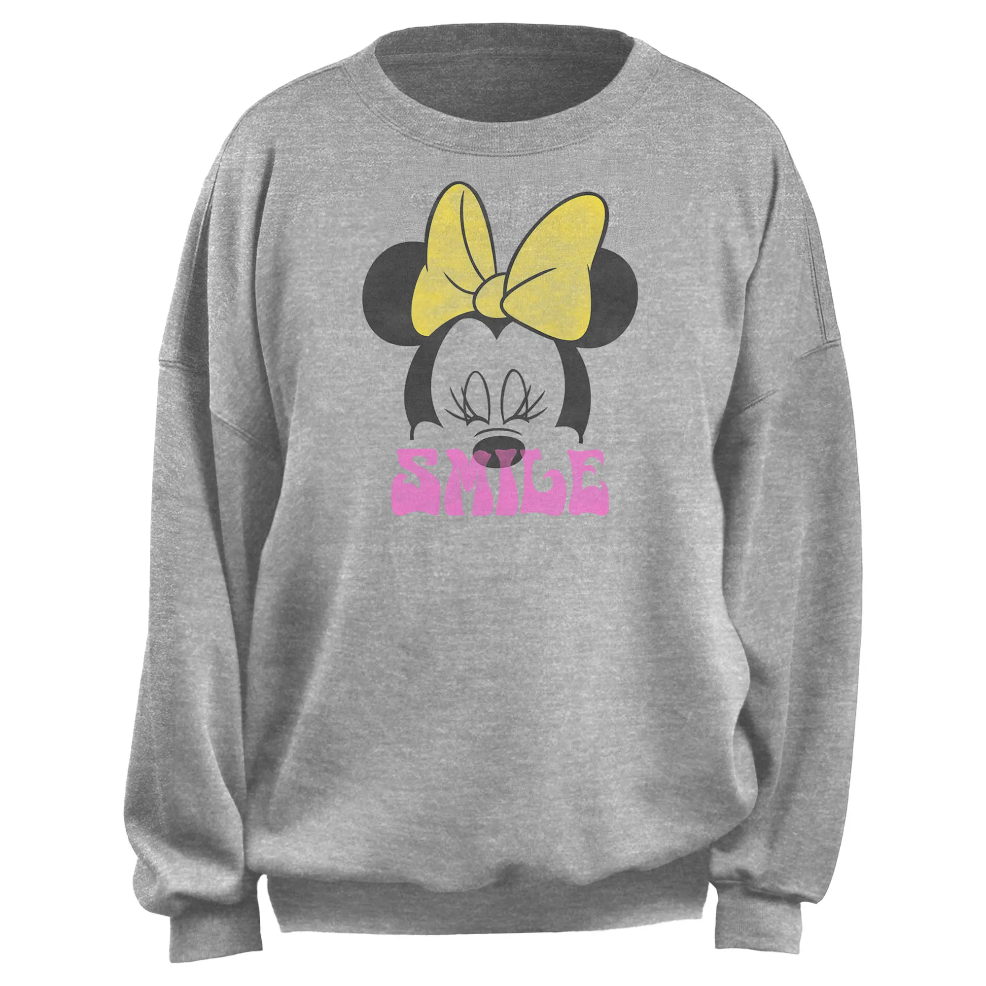 Junior's Minnie Mouse Smile Yellow Bow Minnie Sweatshirt