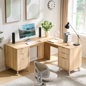 OKD Modern L Shaped Desk with Storage Cabinet & Drawers ,Wood Home Office Desk with Power Outlets, Fluted Computer Writing Desk, Natural Oak
