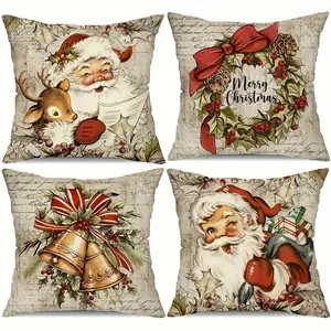 4pcs Vintage Christmas Linen Pillowcases Set - Santa & Reindeer & Bell Design Throw Pillow Covers, Zip Closure - Perfect For Sofa & Home Decor, Christmas Decorations, No Pillow Inserts