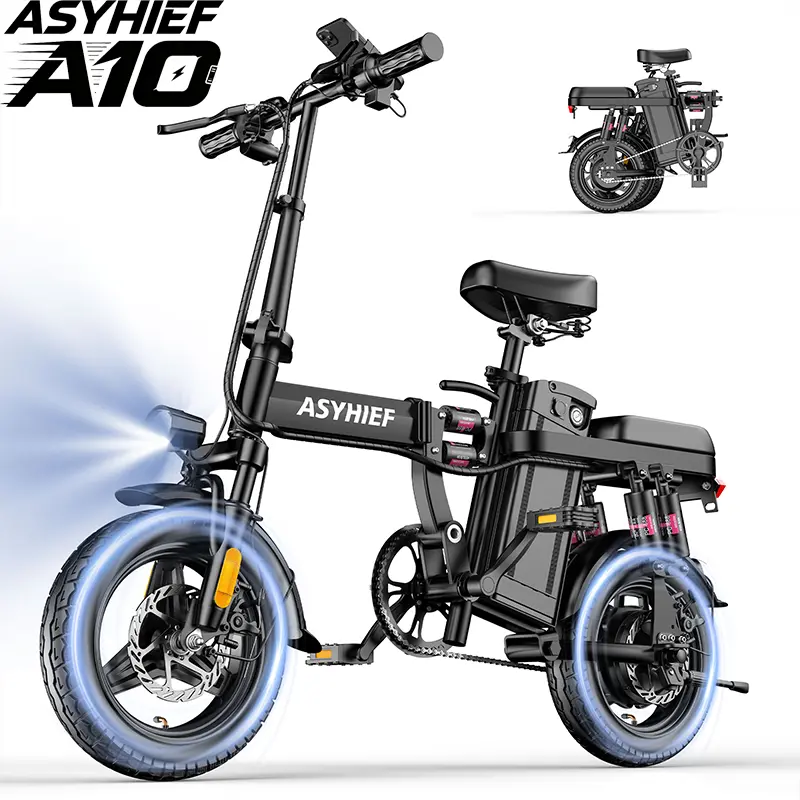 【ASYHIEF A10】 14-Inch Foldable Adult Electric Bike, 1500W Peak Power, 25MPH Max Speed, 48V 10AH Detachable Battery, IPX65 Waterproof, 8s Quick Fold for Car Trunk, 20° Climb Slope, 20-35 Mi Range, City Commuter Mini E-Bicycle, 1500W Power, Adjustable Seats
