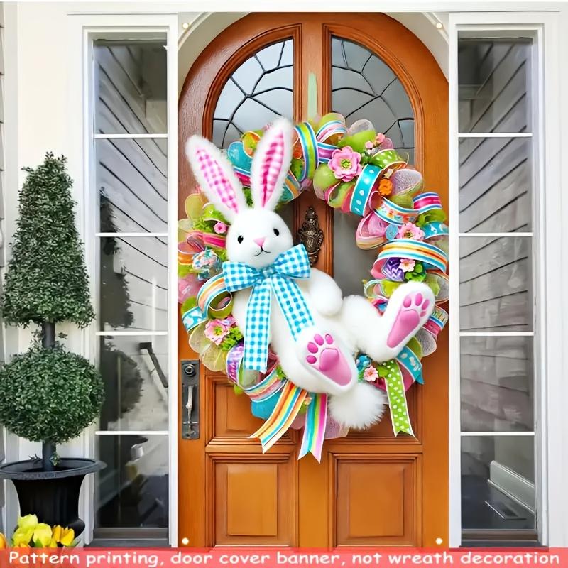 1Pcs Easter Decoration Door Banner, Cute Bunny and Wreath Pattern, High Saturation Colorful Background Wall Decor, Perfect Easter Party Decoration