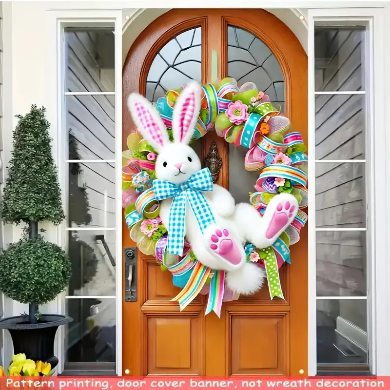 1Pcs Easter Decoration Door Banner, Cute Bunny and Wreath Pattern, High Saturation Colorful Background Wall Decor, Perfect Easter Party Decoration