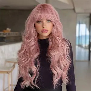 SMILCO/26Inch Dusty Rose Long Wavy with Bangs Synthetic Wig for Cosplay/Women/SM597