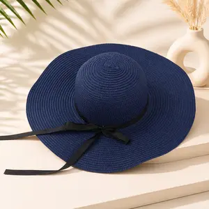 Foldable Wide Brim Straw Sun Hat UV Protection Ribbon Roll up Visor