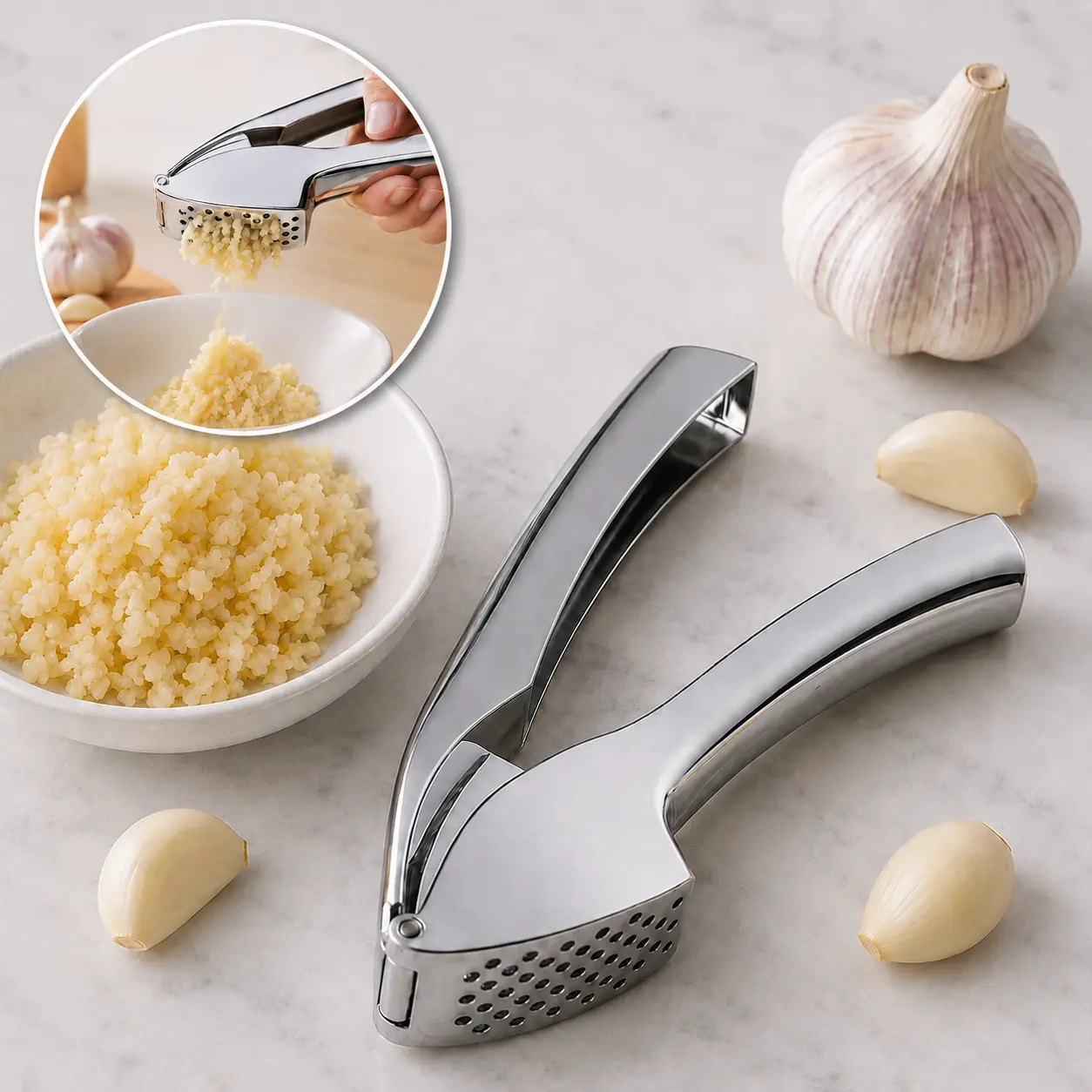 Zinc Alloy Garlic Press Squeezer, Heavy-Duty Manual Garlic Mincer and Crusher with Ergonomic Easy-Squeeze Handle, Easy-to-Clean Kitchen Tool for Fresh Garlic, Home Cooking, Pasta, Sauces and Marinades