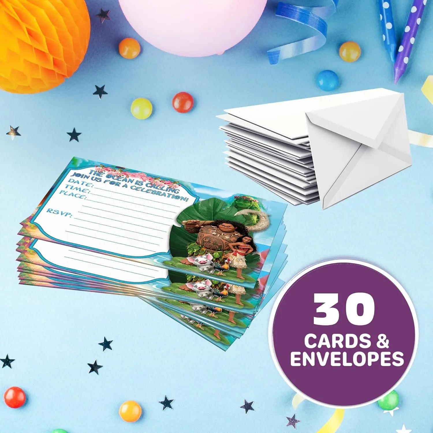 Set of 30 Island Adventure Happy Birthday Invitation Cards & Envelopes Lightweight 230g Postcard Style Invites for the Perfect Party Pack