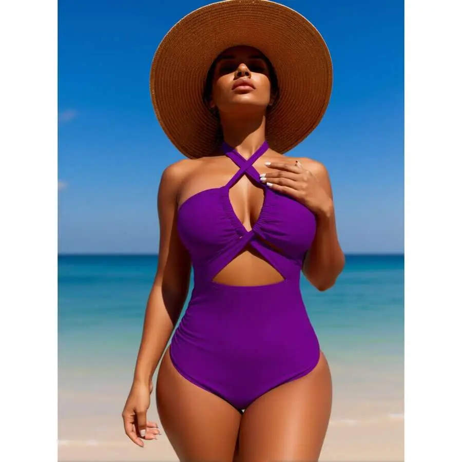 sexy purple bathing suit Sexy Purple 3 Piece Bikini Set Women Halter Diamond PU Leather Skirt  Swimwear 2025 Summer Bathing Suit Cover Up Thong Swimsuit main image 0