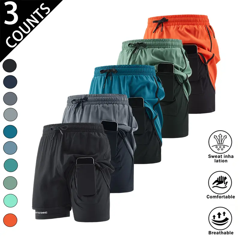 3-pack men’s double-layer athletic shorts with side phone pocket. Breathable, quick-drying fabric that’s comfortable on the skin; suitable for running and fitness, everyday casual wear—fresh, neat, and practical.