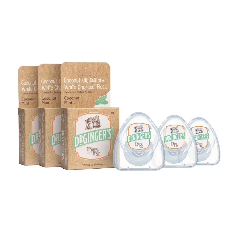 3 Pack Dr. Ginger's Precision Whitening Flat Floss | No Snag or Fray Flat Ribbon Dental Floss, Infused with Activated White Coconut Charcoal for Whitening, Safe for Veneers, Crowns, & Dental Work, Tigh Teeth and Gentle on Gums