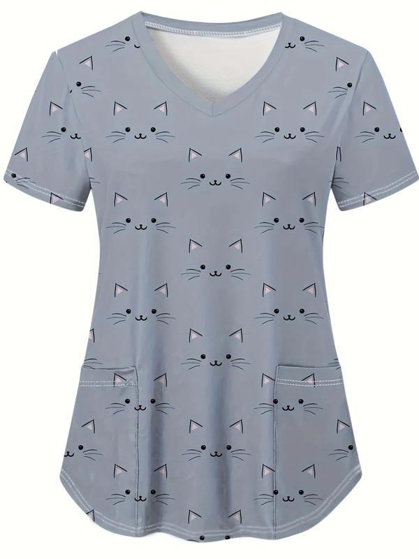 Medical Uniform for Women cute Cat and Dog Print V-Neck Clinical Uniform Short Sleeve Patch Pocket Tops Surgical Uniforms Woman