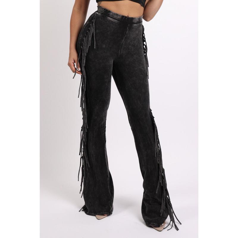 Fringe-Detailed Mineral Washed Pants for Women - Comfortable Cotton and Elastic Design with Flared Side Detail