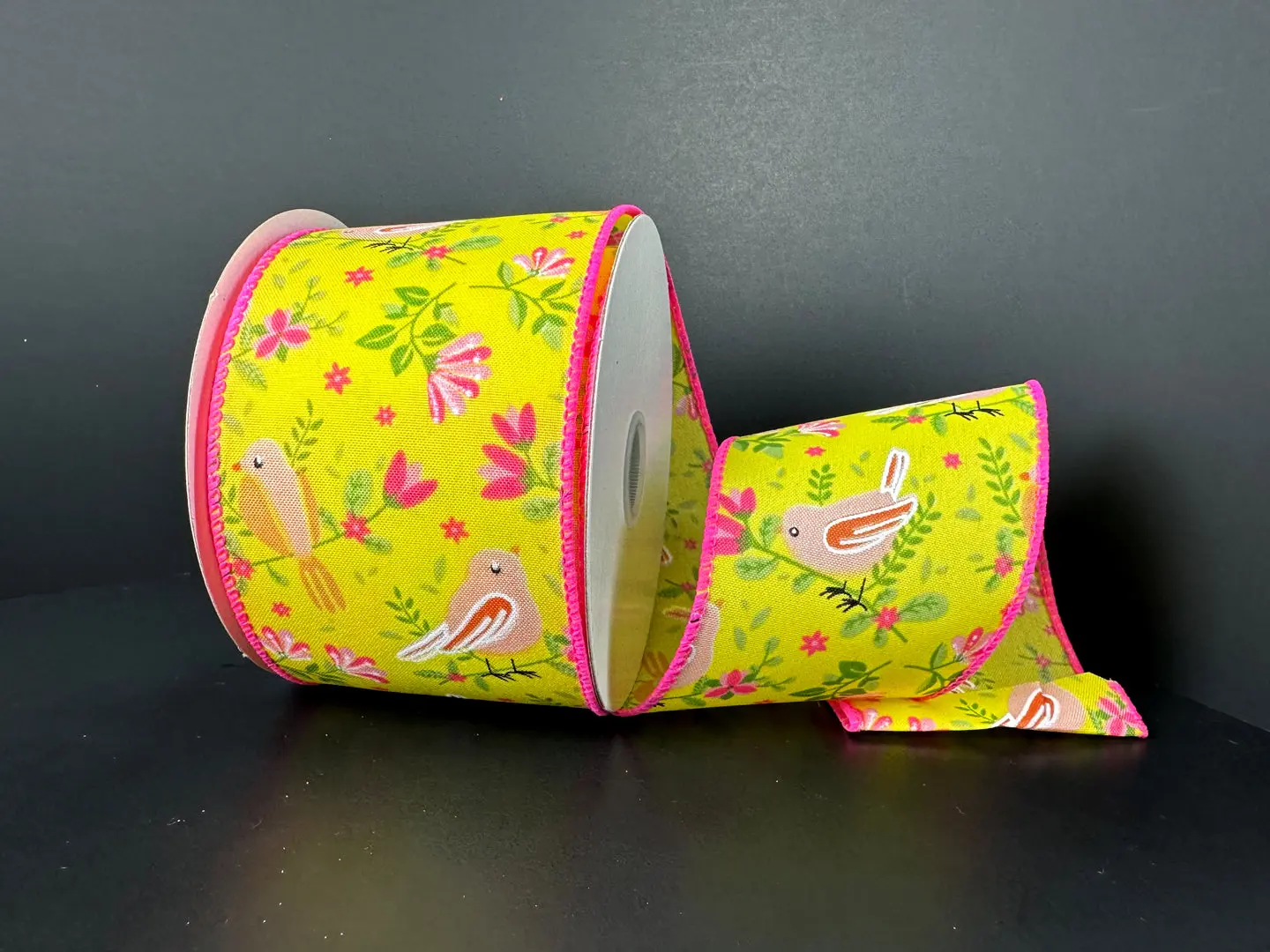 2.5"X10Y Yellow Peach Pink  Satin Spring Birds and Flowers Ribbon 41542-40-22