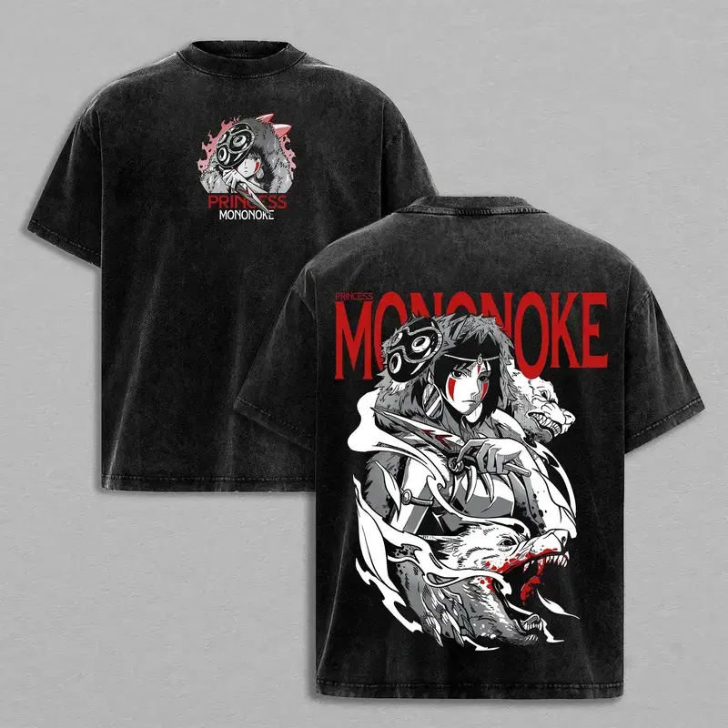 Men's Short-Sleeve Princess Mononoke T-Shirt - Vintage Washed Oversized Studio Ghibli Printed Tee, All-Seasons Gift for Anime Lovers Crewneck Streetwear Tshirt Menswear Tops