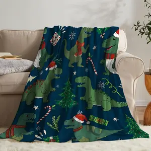 1pc Christmas-Themed Dinosaur Blanket - Festive Green Dinosaur with Santa Hats & Scarves, Blue Background with Christmas Trees, Gifts, and Snowflakes, Soft Flannel, Machine Washable, Perfect for Holiday Decor or Cozy Gifts, Christmas Decorations
