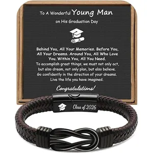 7.5/8.5/9 Inches Higt School College Graduation Gifts Class of 2026 Leather Stainless Steel Knot Bracelet for Men Son Boyfriend Brother Grandson