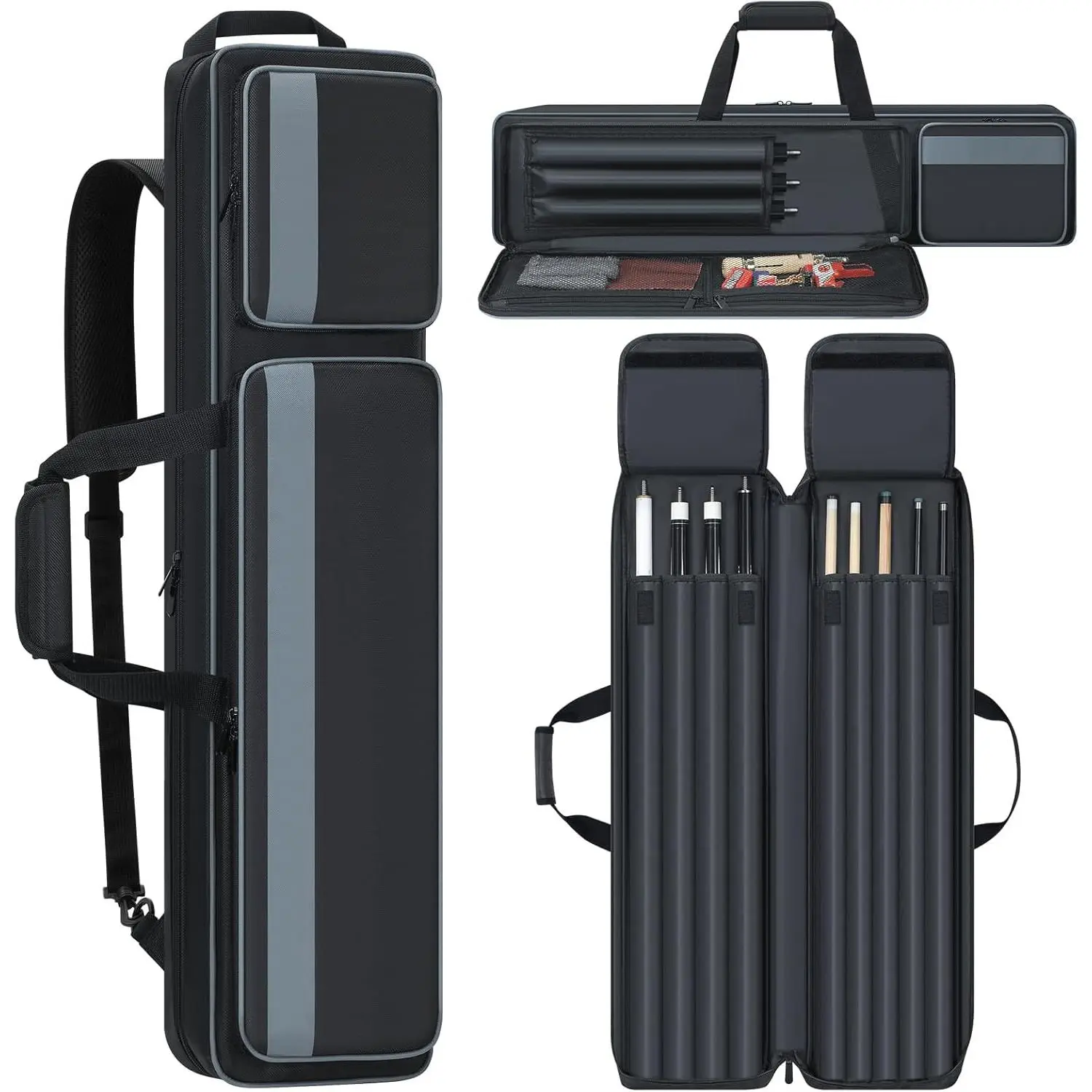 Pool Cue Case 4x5, Pool Cue Carrying Case Soft Padded Billiard Stick Bag with Multi-pocket for 4 Butts and 5 Shafts, Pool Stick Case Cue Bag with Backpack-straps for Pool Cues and Accessories