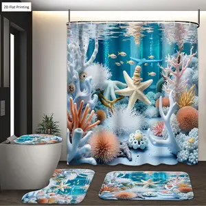 1/3/4PCS Underwater Decor with Starfish Corals and Small Fish Shower Curtain Set with Rugs, Non Slip Bath Mat, U-Shape Carpet, Toilet Lid Cover, Polyester Fabric Bathtub Curtain Accessories, 12 Hooks, Home Bathroom Festival Decor