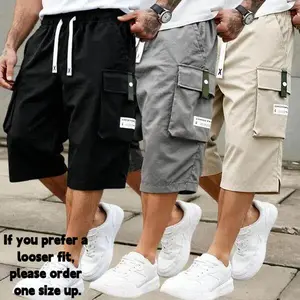 Men's Summer Casual Cargo Shorts - Elastic Drawstring Waist, Multiple Pockets & Letter Patch Design, Regular Fit Mid-Rise Non-Stretch Fabric for Daily Wear & Leisure Activities, Nontransparent Fabric If you prefer a looser fit, please order one size up.