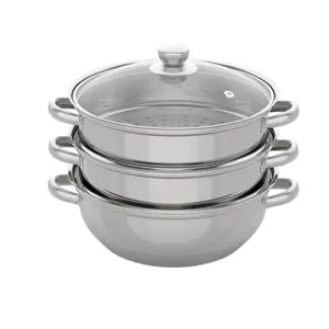 3 Tier Stainless Steel Steamer Pot Set Stackable Cooking System for Vegetables Seafood Meat with Glass Lid Dishwasher Safe Universal Stove Compatibility