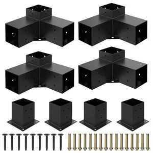 Heavy Alloy Steel 2.5mm Thick Pergola Kit for 6"x 6" Lumber，8pcs (4pcs 3-Way , 4pcs Base)  Bracket Woodworks DIY Post Base Kit,  Suitable for Backyard，Gardens，Patio and Metal Gazebo Kits
