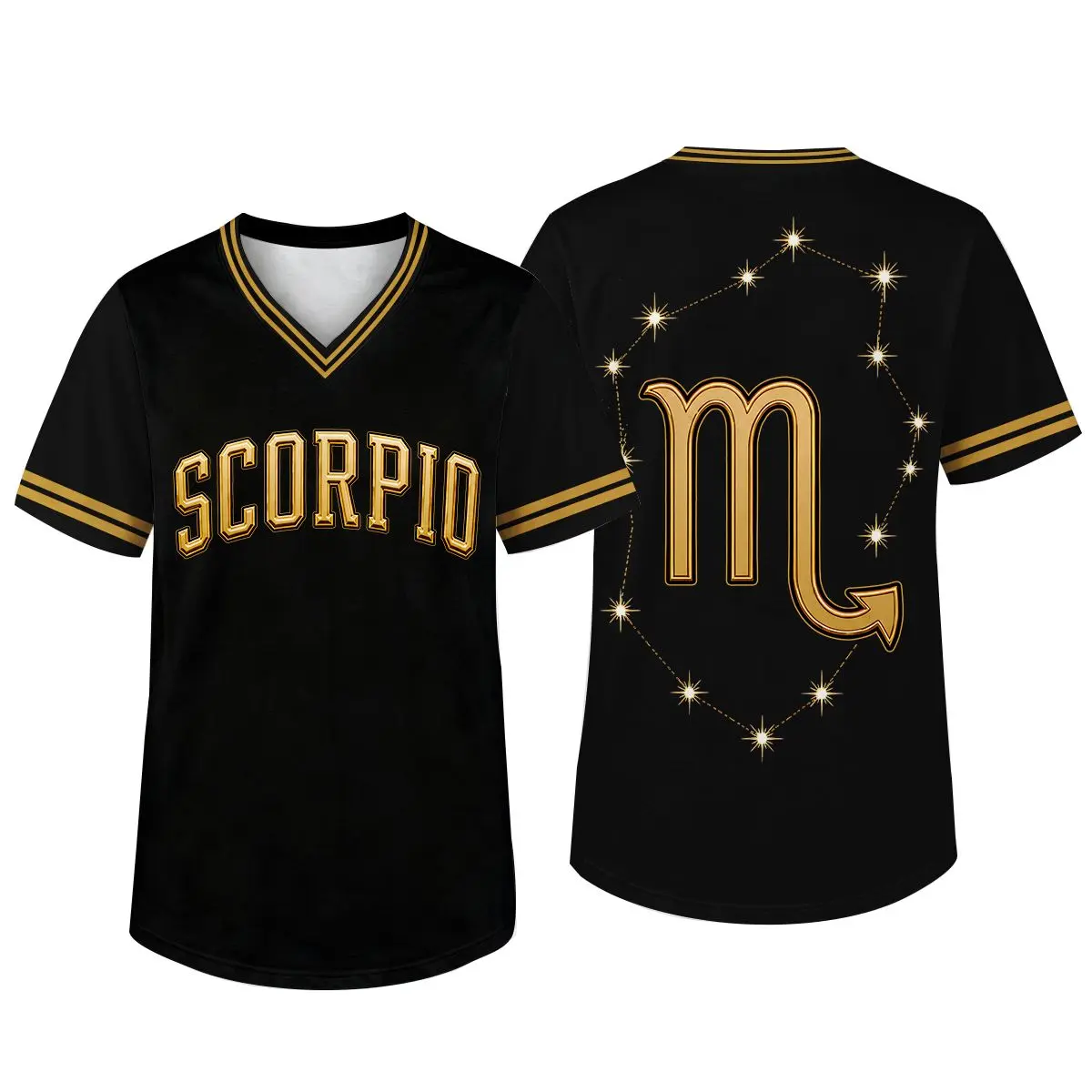 Zodiac Sign Graphic V-Neck Jersey Shirt for Men Women, Unisex Black Gold Short Sleeve Polyester Fabric Top with Constellation Printed Design, Lightweight Breathable Casual Astrology Style for Daily Wear, Summer Wear, Parties, Weekend Outings & Gift,custom