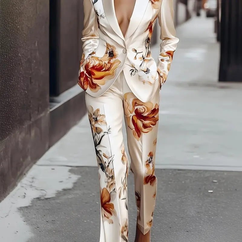 Two-piece Set Women's Floral Print Set, Elegant Fitted Chic Long Sleeve Button Tailored Blazer and Pants Set Suits, Women's Sleepwear for Spring & Fall, Summer Suits, Womenswear