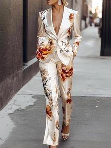 two-piece set women's floral print set, elegant long sleeve button blazer & pants set, women's sleepwear for spring & fall